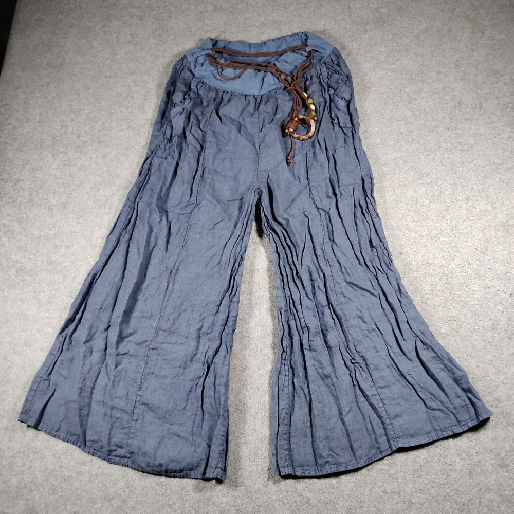 Forev Women's Blue 100% Linen Wide Leg Palazzo Pants Italy One Size